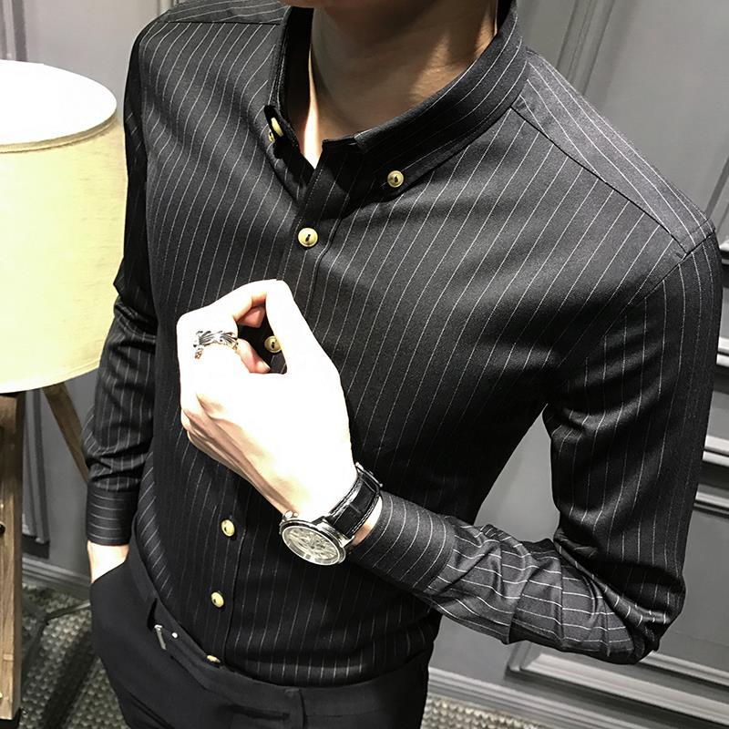Men Dress Shirts Men Dress Vertical Stripe Streetwear Slim Men Shirt Casual Long Sleeve Shirt