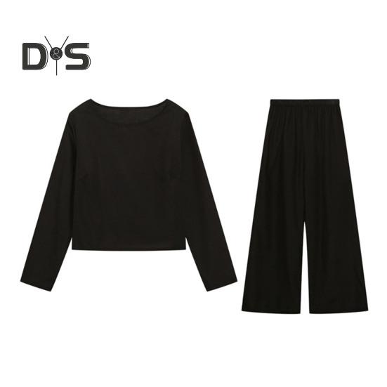 2 Pcs/Set Fall Spring Women Top Pants Set Long Sleeves Round Neck T-shirt Elastic Waist Trousers with Side Pockets OL Commuting Sport Pantsuit Outfit