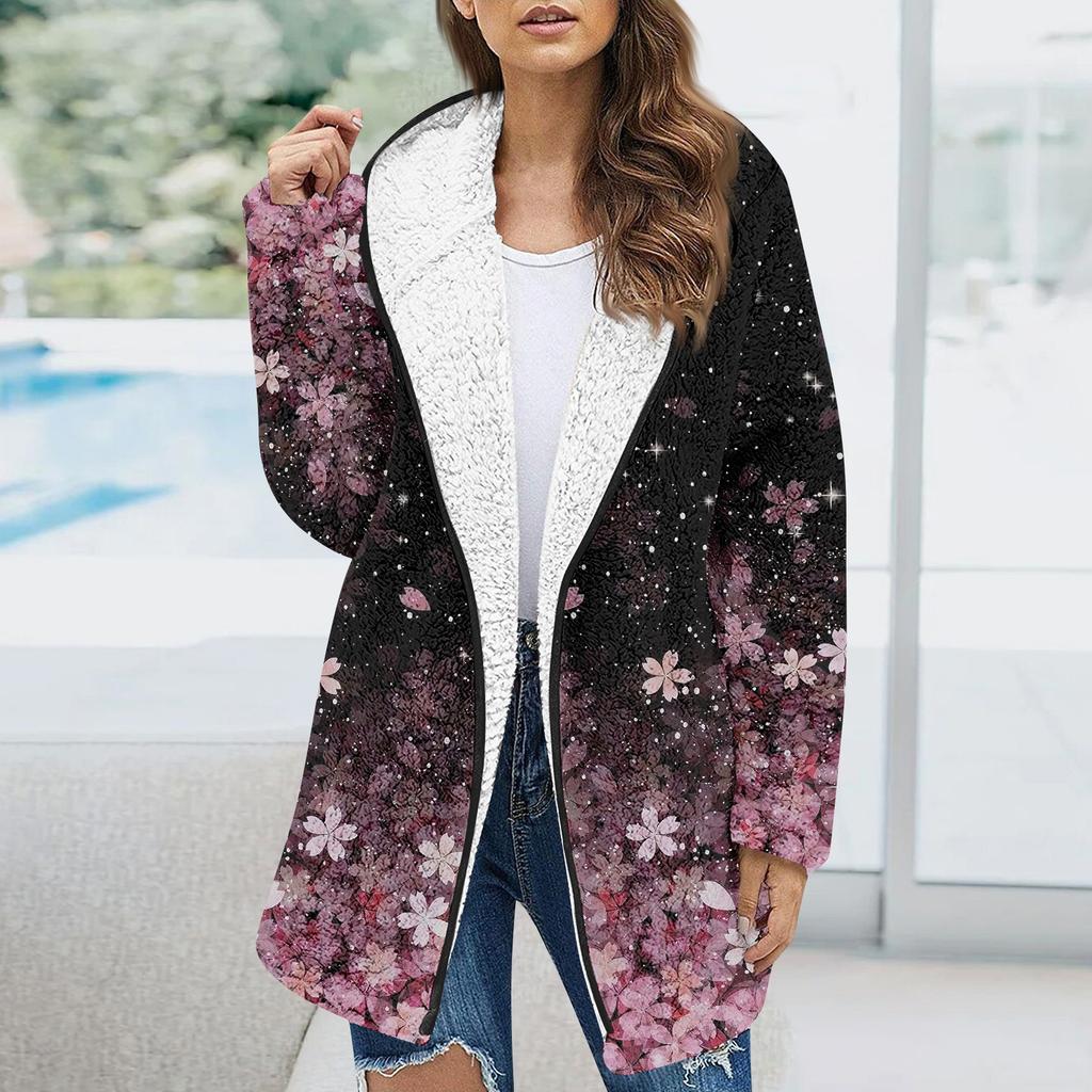 Женская модная зимняя плюшевая куртка с цветочным принтом и длинными рукавами