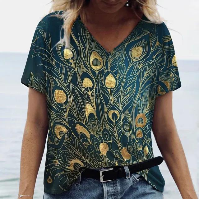 Fashion V-neck Women T-Shirt 3D Peacock Feather Graphic Short Sleeve Tees Oversized Y2k Tops Summer Street Casual Female T Shirt