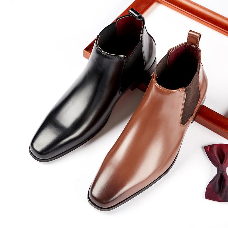 New British Men's Leather Short Boots Fleece-lined Business Formal Wear Square Head High-Top Leather Boots Pairs Elastic