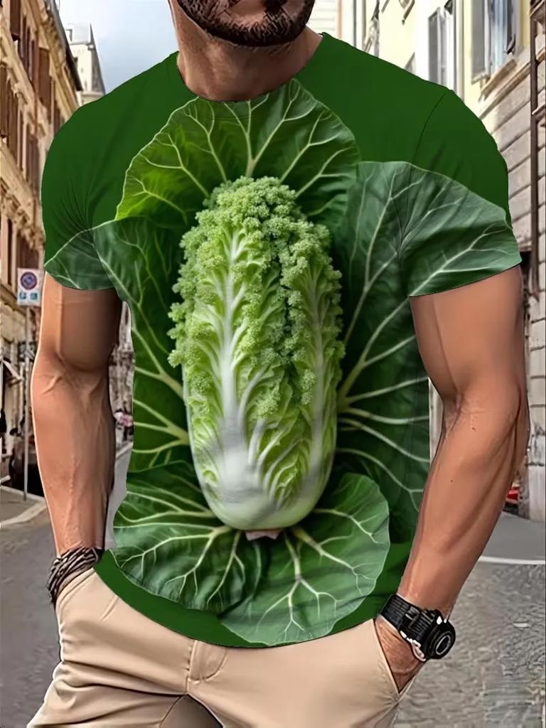The Interesting Cabbage and Lettuce Pattern Summer 3D Printed Large-sized Men's T-shirt Is Suitable for Daily Wear