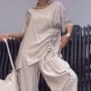2 Pcs/Set Fall Spring Women T-shirt Pants Set Short Sleeves Round Neck Pleated Top Elastic