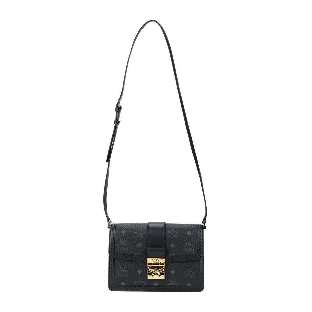 MCM Tracy Classic Logo Laurel Leaf Lock Closure Visetos Pattern Faux Leather Crossbody Bag Small Women bags Black MWSCAXT01BK001