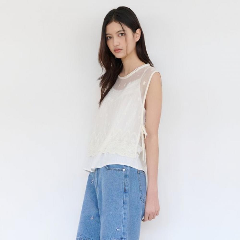 Thursday Island Flower Embroidery Mesh Sleeveless Blouse T264mbl283w