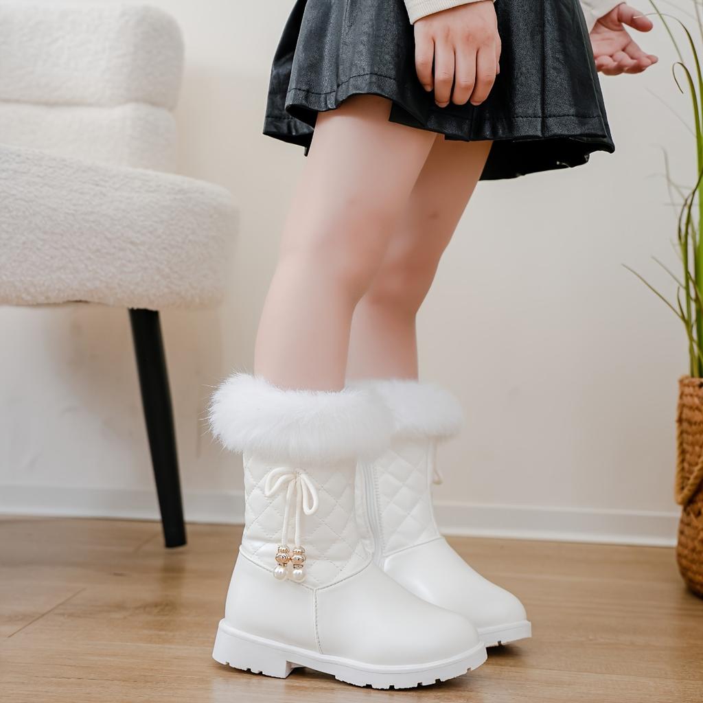 Girls' Winter Boots 2024, Warm Cute Pearl Bowknot, Quilted Pattern, Cartoon Solid Color