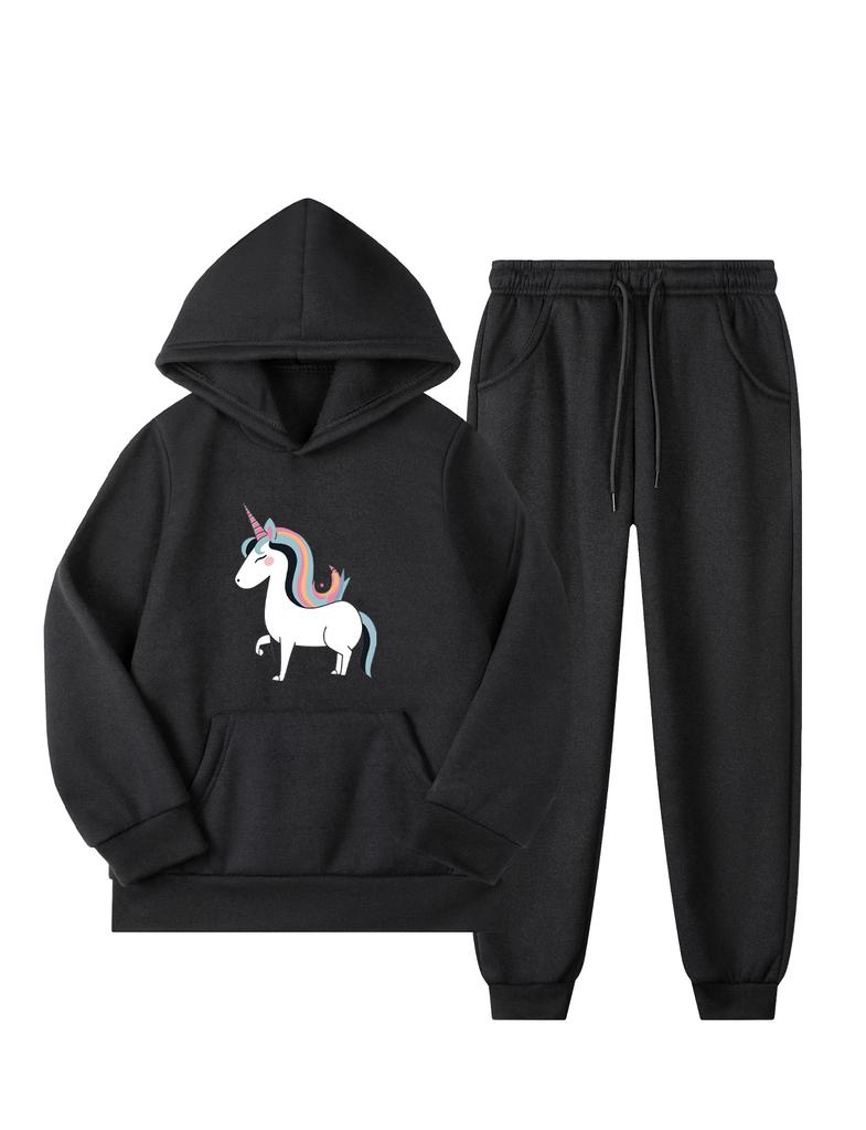 Теплый утолщенный флис для девочек, удобный мультяшный узор, толстовка с длинными рукавами и принтом, пуловер, толстовки и брюки, спортивный костюм из 2 предметов, комплект детской модной одежды