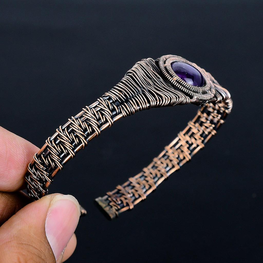 Украшения из аметиста, браслет-манжета, обмотанный проволокой из чистой меди, ювелирные изделия из проволоки с драгоценными камнями,