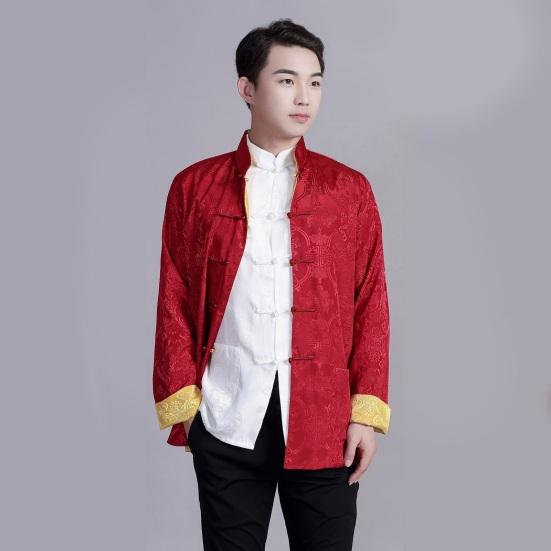 Мужская рубашка в китайском стиле, костюм Тан, рубашка с воротником-стойкой, имитация атласа, двусторонний принтованный топ, просторная цветная рубашка для повседневной носки на праздниках