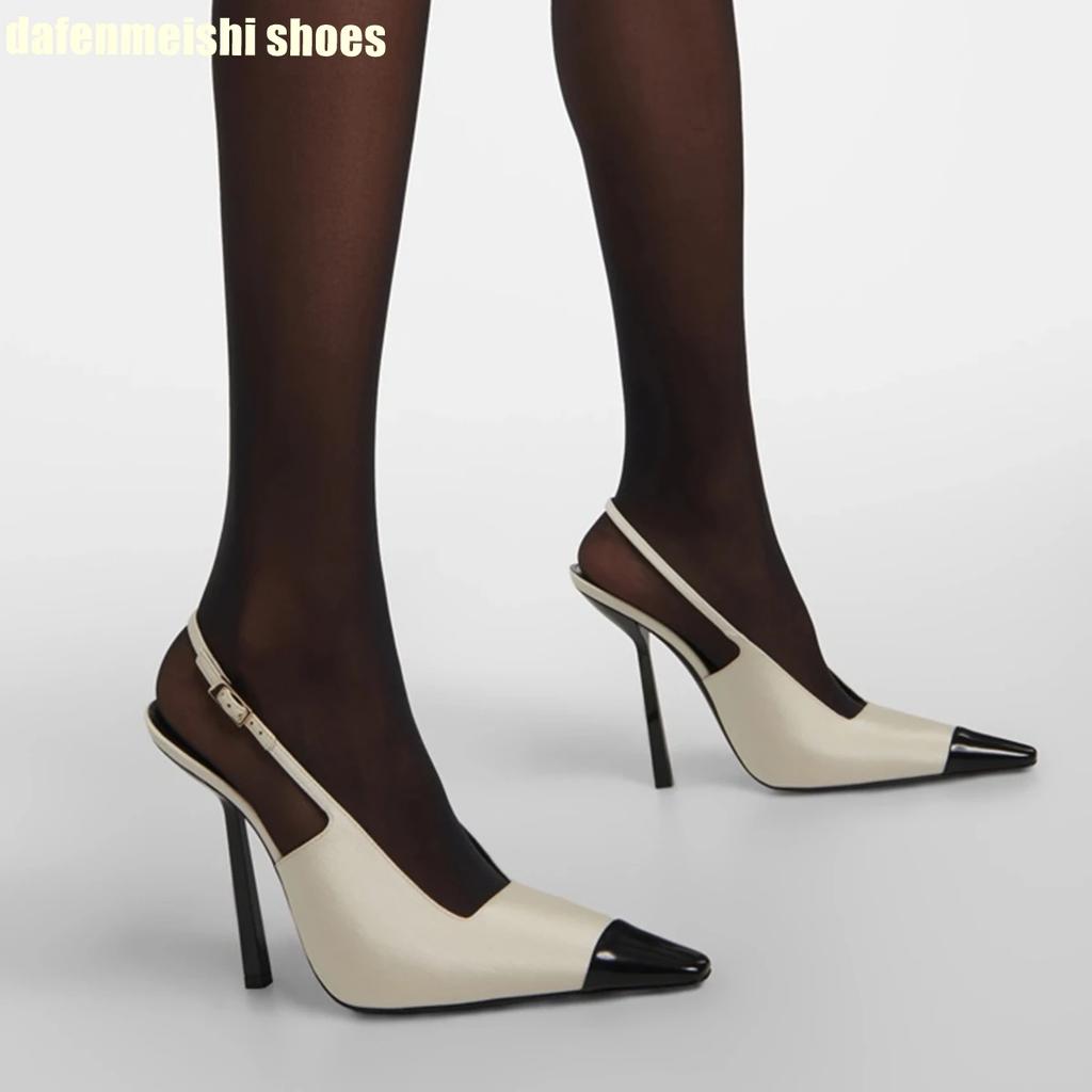 Атласная ткань Квадратный носок Металлический тонкий каблук Женские туфли на высоком каблуке Сандалии-слингбэки с задним ремешком Черный/белый 2025 Новые туфли