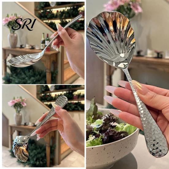 Decorative Serving Spoon Hammer-Grain Handle Shell Shape Design Polished Mirror Finish Soup Kitchen Tableware Artistic