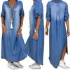 Women's Denim Dress Casual Spring Blue V-Neck Half Sleeve Maxi Dresses Plus Size Split Long Dresses