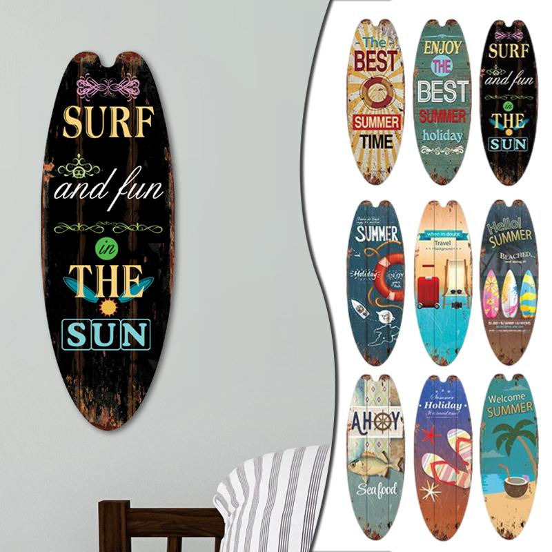 1PC Sea Surfboard Summer Beach Ocean Theme Decorative Wooden Printed Welcome Door Sign Home Board Vintage