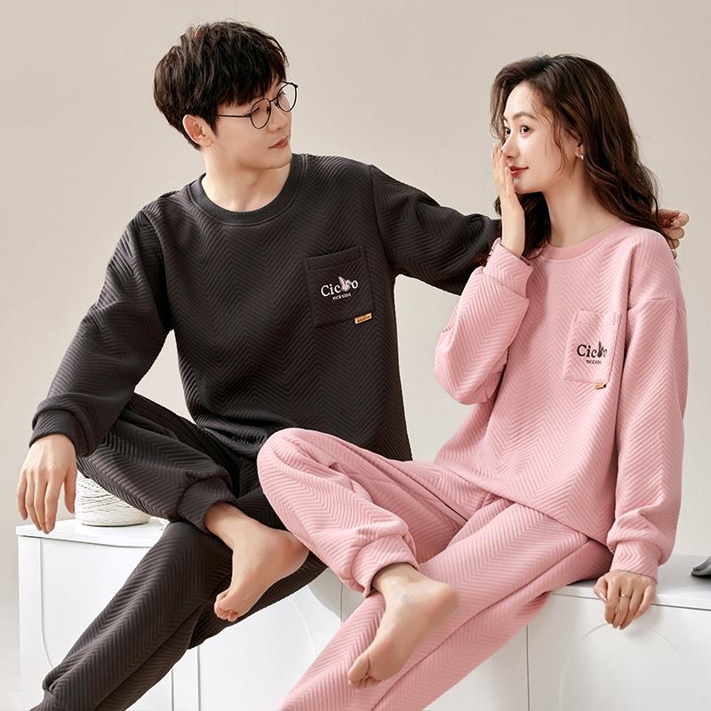 Cozy Winter Air Cotton Couple Pajamas Set: Warm Pullover Suit for Men and Women, Perfect for Home or Outdoor Wear