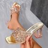 Fashion Women High Heels Sandals Summer Square Head Shallow Mouth Women Shoes Rhinestone Crystal Thick Heel Sandals Sandalias De Mujer