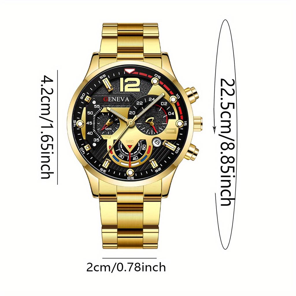 Men's Fashion Watch Set, Casual Quartz Watch with Calendar, Cross Pendant Necklace, Ring and Bracelet - Perfect Gift for Him