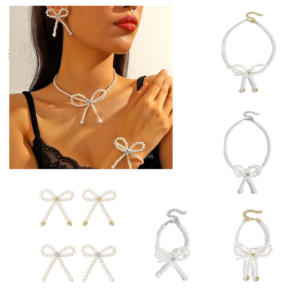 Fashionable Bowknot Pendant Bracelet/Earrings/Necklace Elegant Imitation Pearls Ornament Stylish Jewelry for Daily Wear