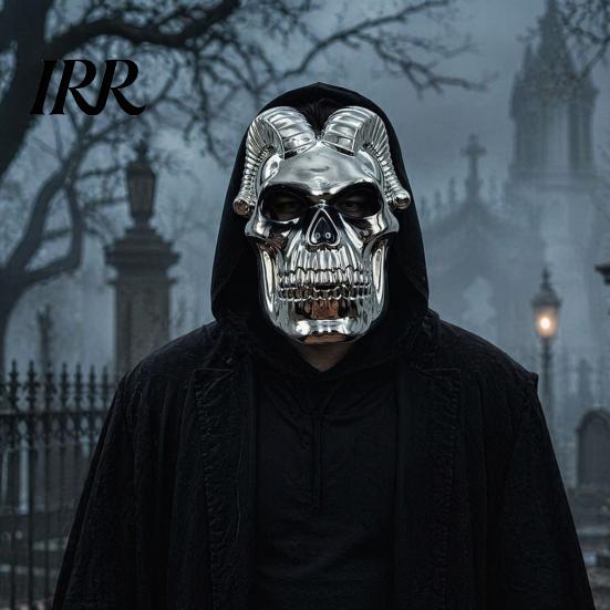 Detailed Devil Mask Halloween Skull Mask, Silver Demon Ram Horn Face Realistic Horned for Party, Scary Headgear, Glossy Metallic Cosplay Prop Headgear