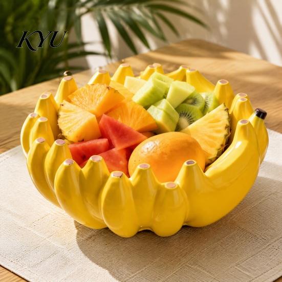 Kitchen Island Accessory Ceramic Banana Fruit Bowl, Creative Yellow Tray, Decorative Bread Serving Platter Salad Bowl for Dining Table Countertop