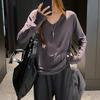 Lazy Style Grey V Neck Oversized Long Sleeve Tee Women Casual Versatile Autumn Winter Layer Minimalist Base Layer Top