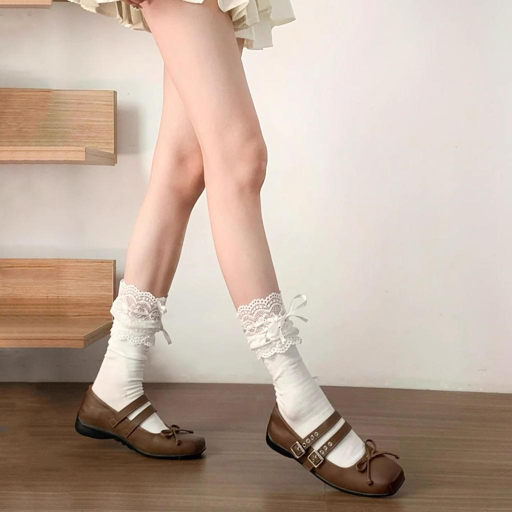 Lolita Lace Frill Mid-Calf Socks with Bow Ribbon - White Ballet Style JK Knee-Highs for Spring & Autumn