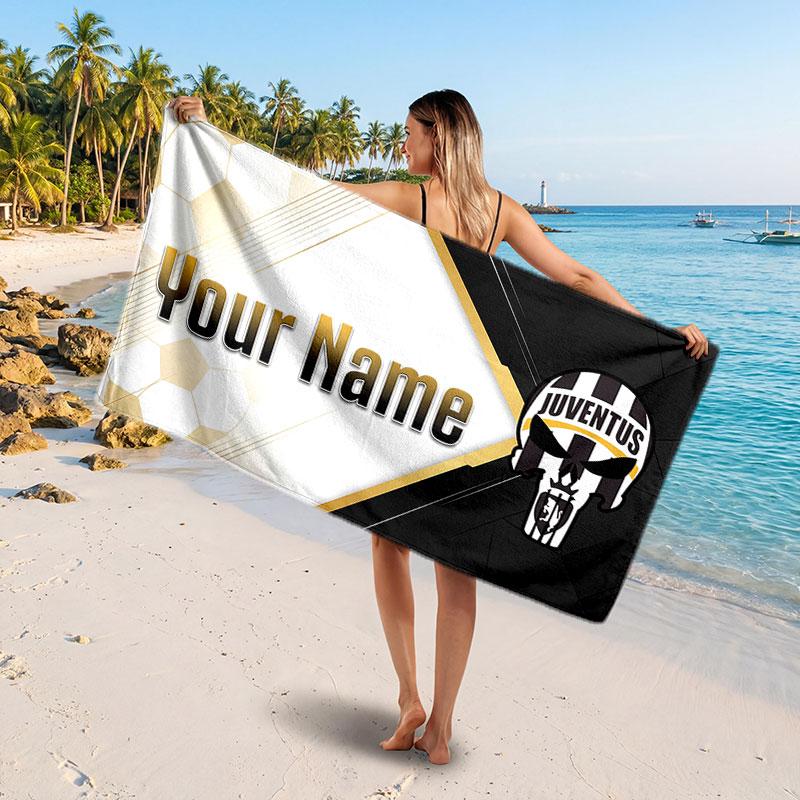 Juventus FC Custom Beach Towel, Personalized Name Text Print, Football Logo Soft Quick‑Dry Towel Holiday Gift