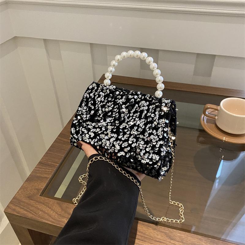Foreign Style Simple Sequined Pearl Handbag Spring And Summer Versatile Chain Messenger Bag Small Square Bag Women