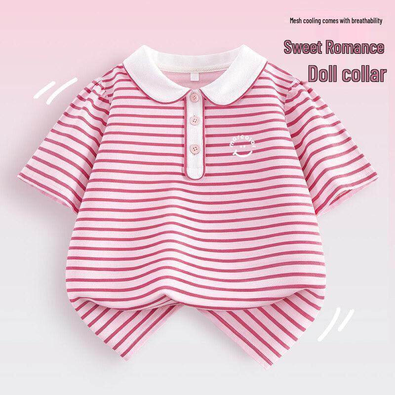 Macale Girls' Striped Polo Collar Short Sleeve Top
