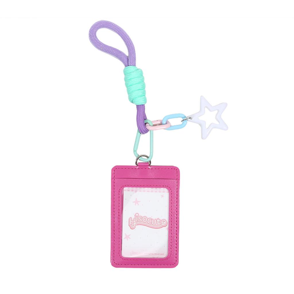 Cute PU Leather Card Sleeve Ins Candy Color Woven Rope Keychain Photo Card Holder Star Pendent Bus Card Storage Bag