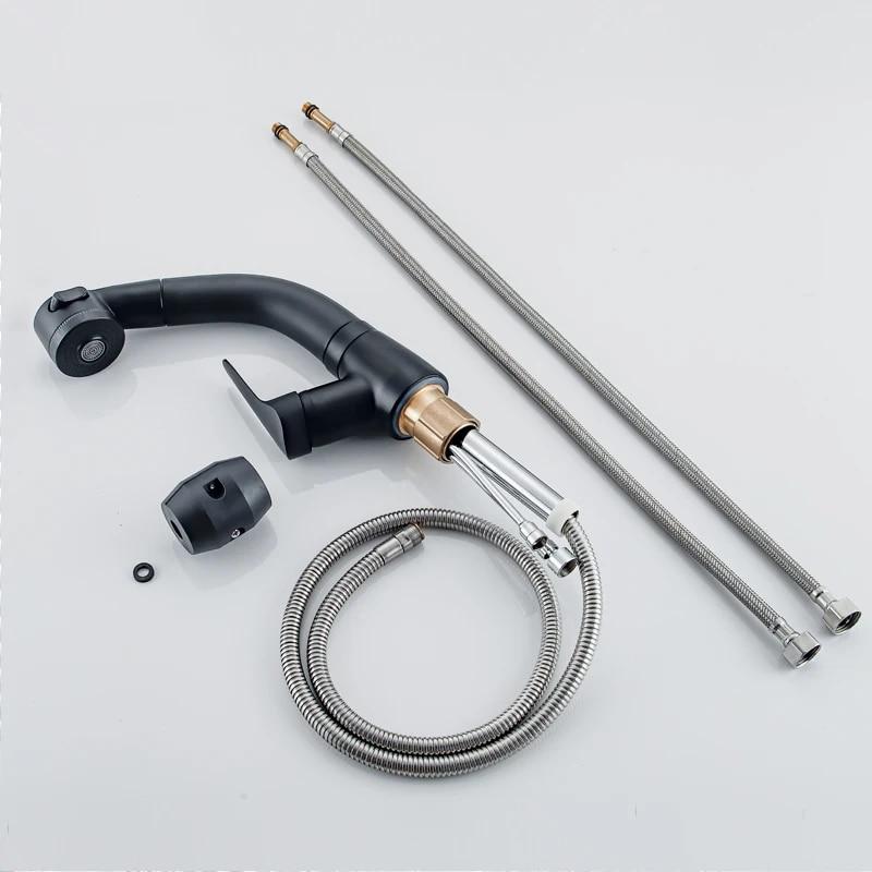 Matte Black Bathroom Basin Faucet Pull Out Spout Rotatable Liftable Body Deck Mounted Hot and Cold Water Mixer Tap