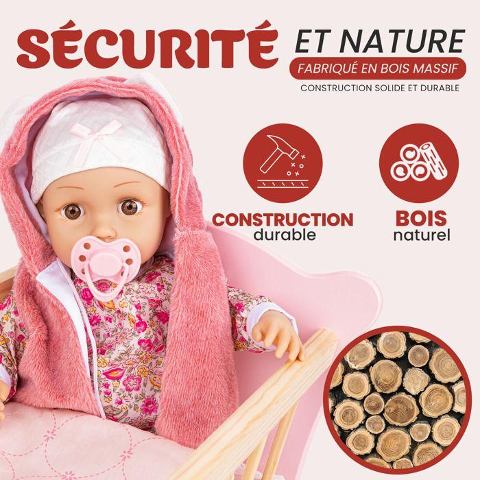 Lit Poupee en Bois - KINDERPLAY - Berceau pour Poupée - Rose - Enfant - 56 x 32 x 7,5 cm