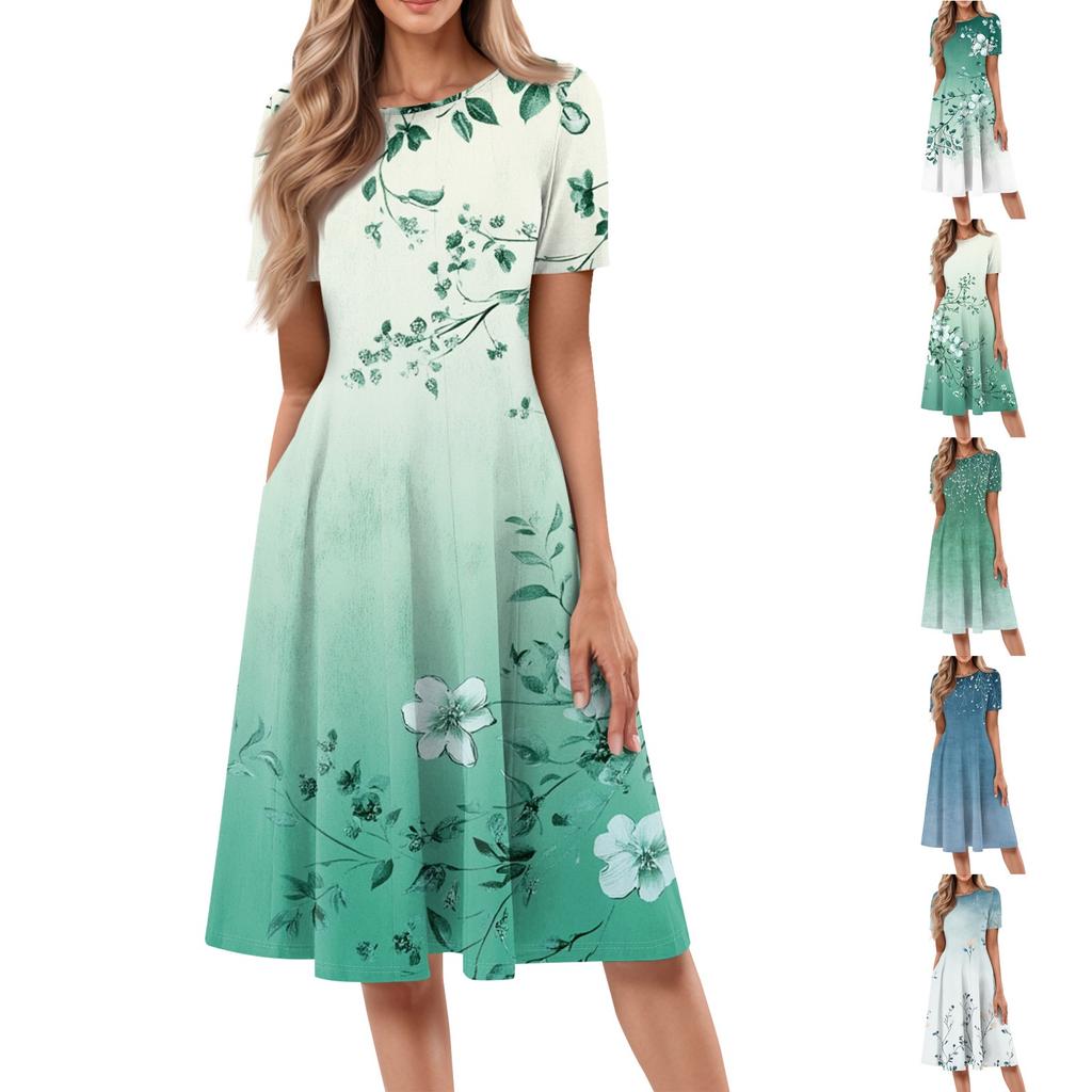 Женское повседневное модное платье миди с круглым вырезом и коротким рукавом с принтом