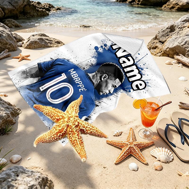 Custom Name Personalized Kylian Mbappe Print Beach Towel, for Trip Camping Beach Party Home Decor, Birthday Gift for Family & Friends