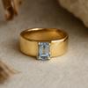 Emerald Cut Aquamarine Ring – Yellow Gold Plated Wide Band Solitaire – March Birthstone Minimalist Bridal Wedding Jewelry Gift for Her