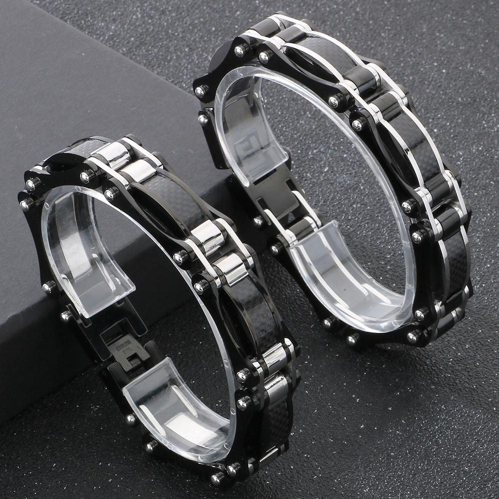 15MM Width Black Fibre Motorcycle Chain Man Bracelet for Men Casting Gold Color 316L Stainless Steel Men's Bracelets & Bangles