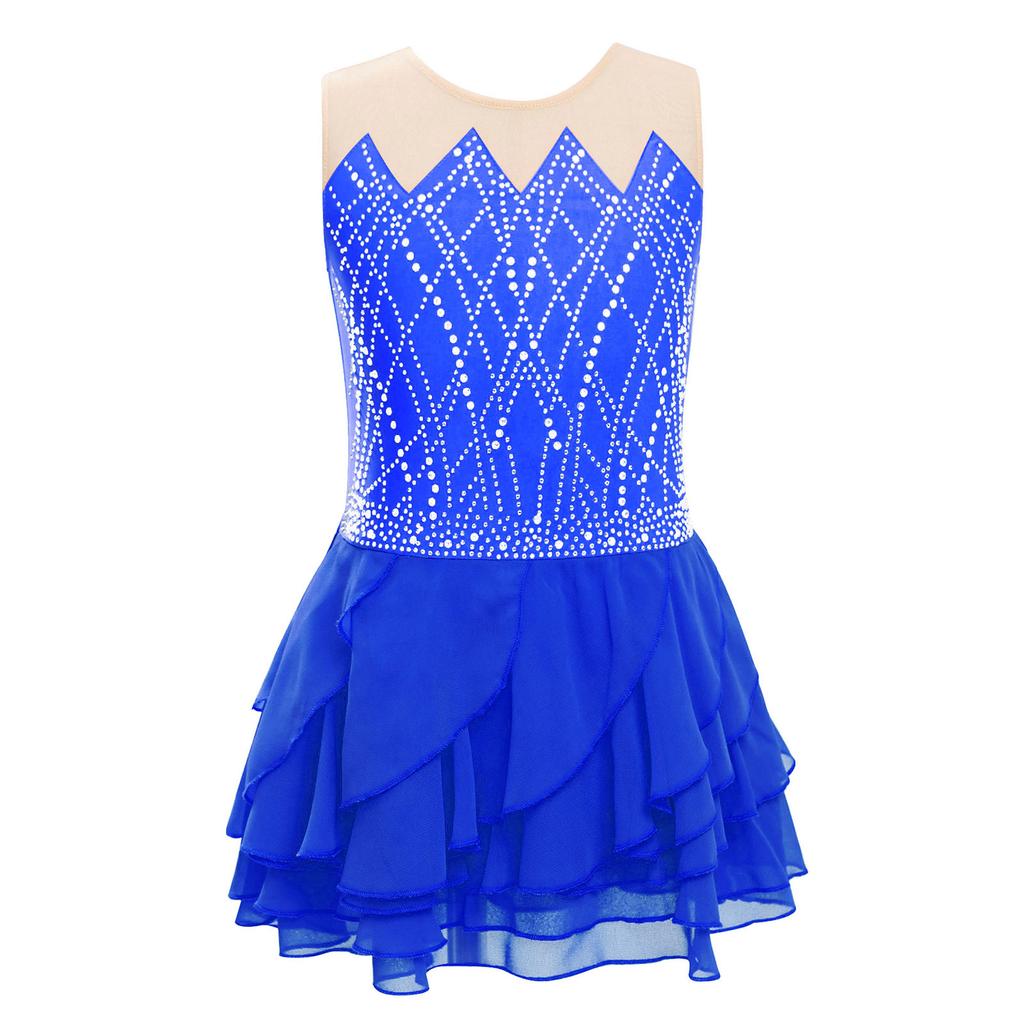 Платье для фигурного катания для девочек, круглый вырез, без рукавов, блестящие стразы, многоярусная юбка с оборками, танцевальный костюм для соревнований