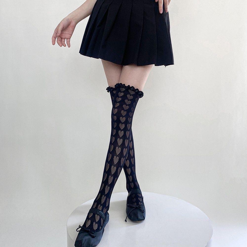 Mu Ruan Red Heart Over-the-Knee Japanese Cosplay Lolita Satin-Trim Stockings