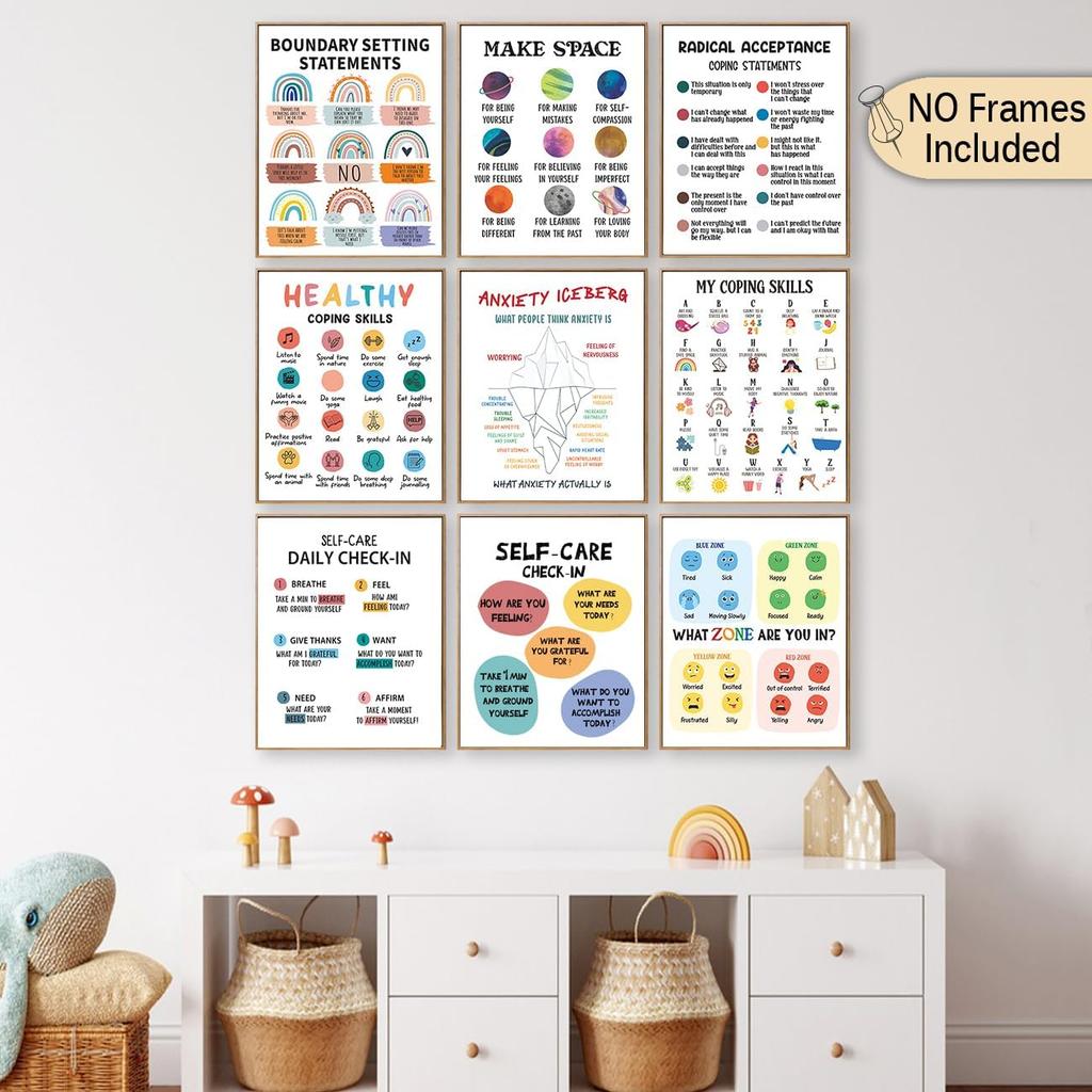 Calming Corner Classroom Posters 8x10 In, Feelings Wheel Chart & Emotions Poster For Kids, Mental Health Wall Decorations For Preschool Teachers,