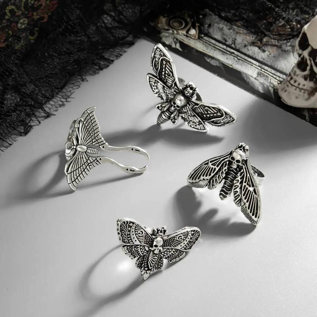 SHIXIN 4pcs/set Gothic Moth Skull Adjustable Open Ring for Women Punk Silver Color Butterfly Knuckle Ring Halloween Jewelry 2026