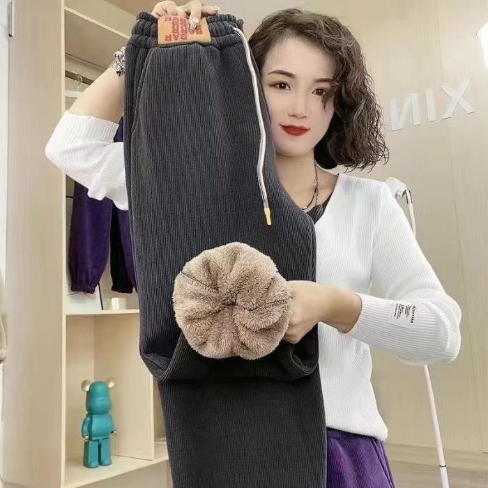 Women's Winter Solid Color Padded Pants Warm Snow Straight Thickened Pants Outdoor Elastic Waistband Loose Plus Size Comfortable Long Pants