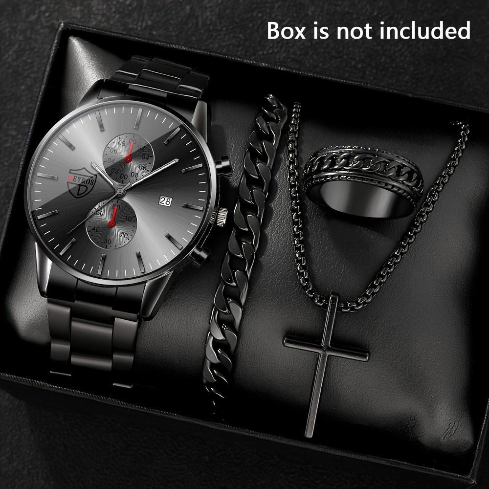 4pcs/set Simple Hands Round Black Quartz Watch and Black Cross Pendant Necklace, Ring, Bracelet Set, Gift To Him