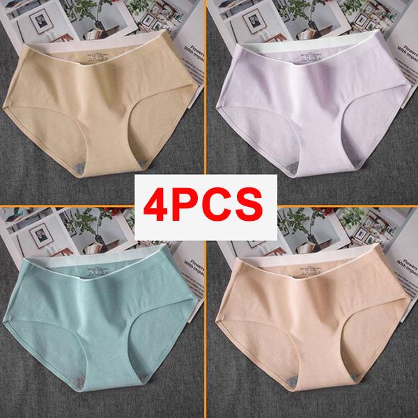 WTEMPO 4Pcs/Set Girl's Mid Waist Breathable Seamless Cotton Underpants Women's All-match Solid Color Large Size Causal Soft Briefs