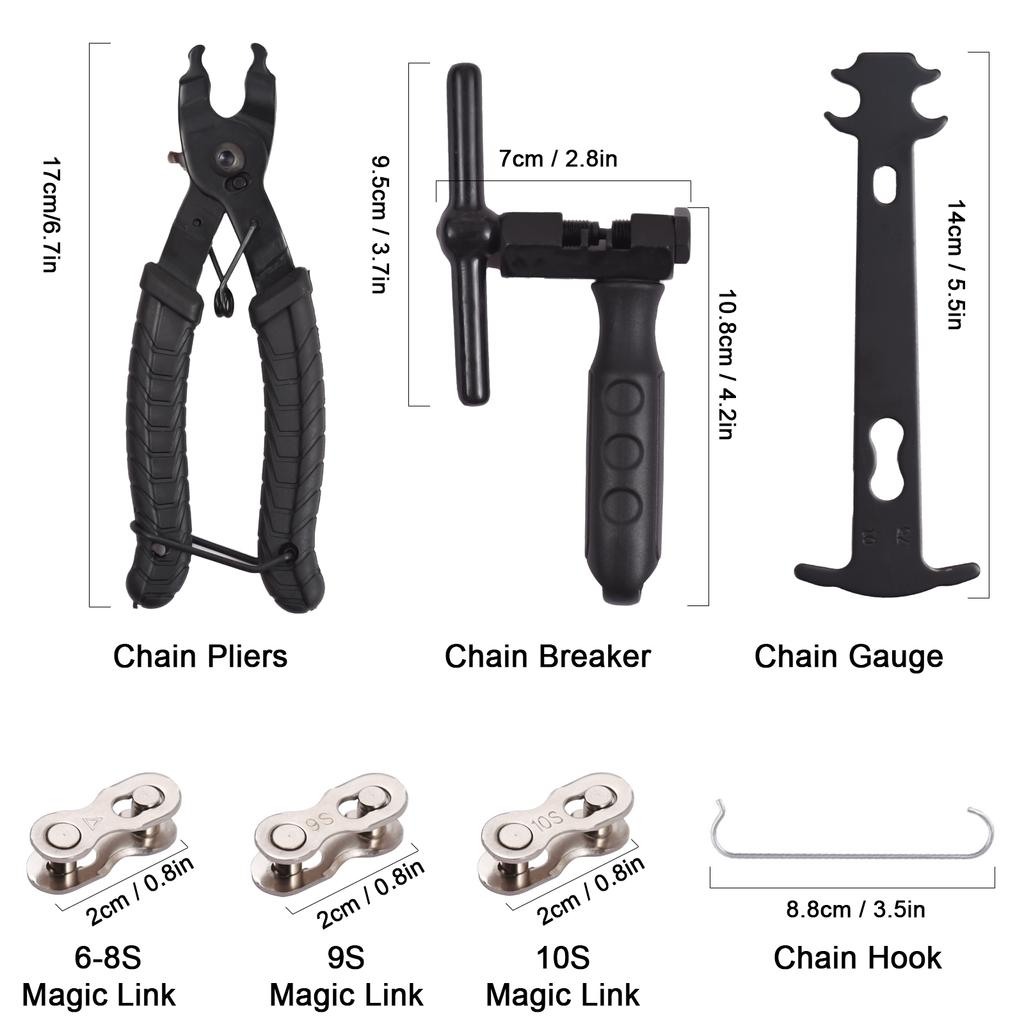 Набор инструментов для велосипеда, плоскогубцы для велосипедных звеньев, инструмент для прерывания цепи, измерительный прибор для проверки цепи с 3 парами волшебных звеньев