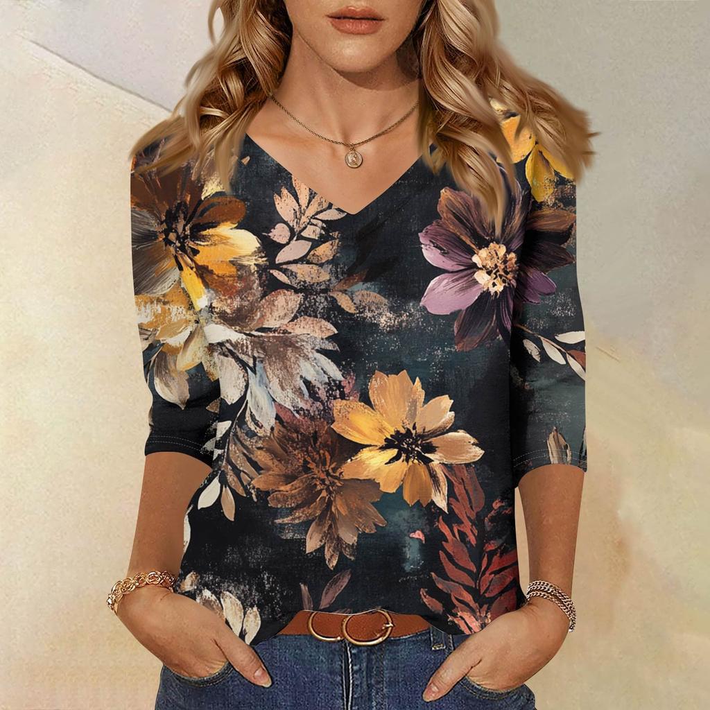 Женские топы, рубашка с рукавом три четверти, свободная повседневная рубашка с V-образным вырезом, футболка с цветочным принтом