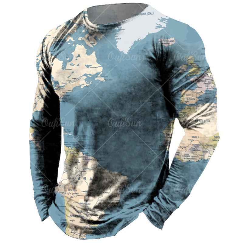 Винтажная футболка с длинными рукавами для мужчин, рубашки с 3d-принтом карты, футболки с европейской графикой, старая мужская одежда, топы, повседневная уличная одежда