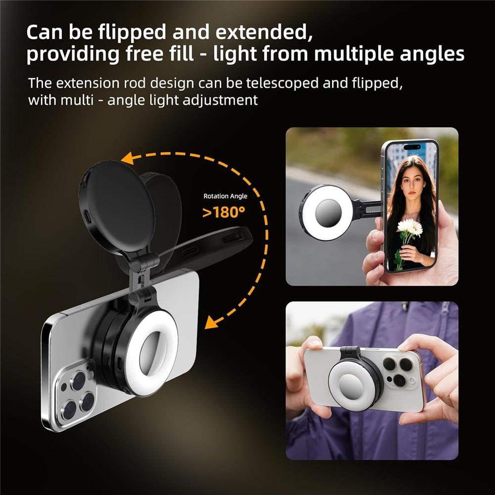 Magnetic selfie light suitable for iPhone, LED fill light ring, adjustable, compatible with smartphones