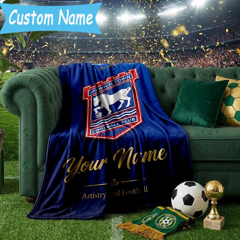 Custom Name Ipswich Town Football Club Crest Flannel Blanket, Use for Birthday/Holiday Gift, Soft Blanket for Sofa/Bed/Camping/Office, Home Decor