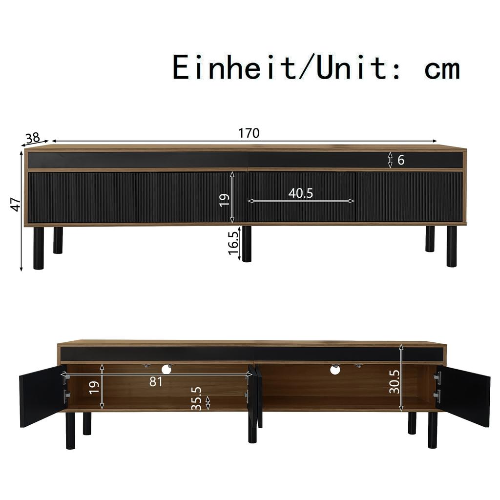 TV cabinet, TV stand, TV panel and 4 doors. Fine texture. Available in black or natural wood. Height 47 cm / Length 170 cm / Width 38 cm