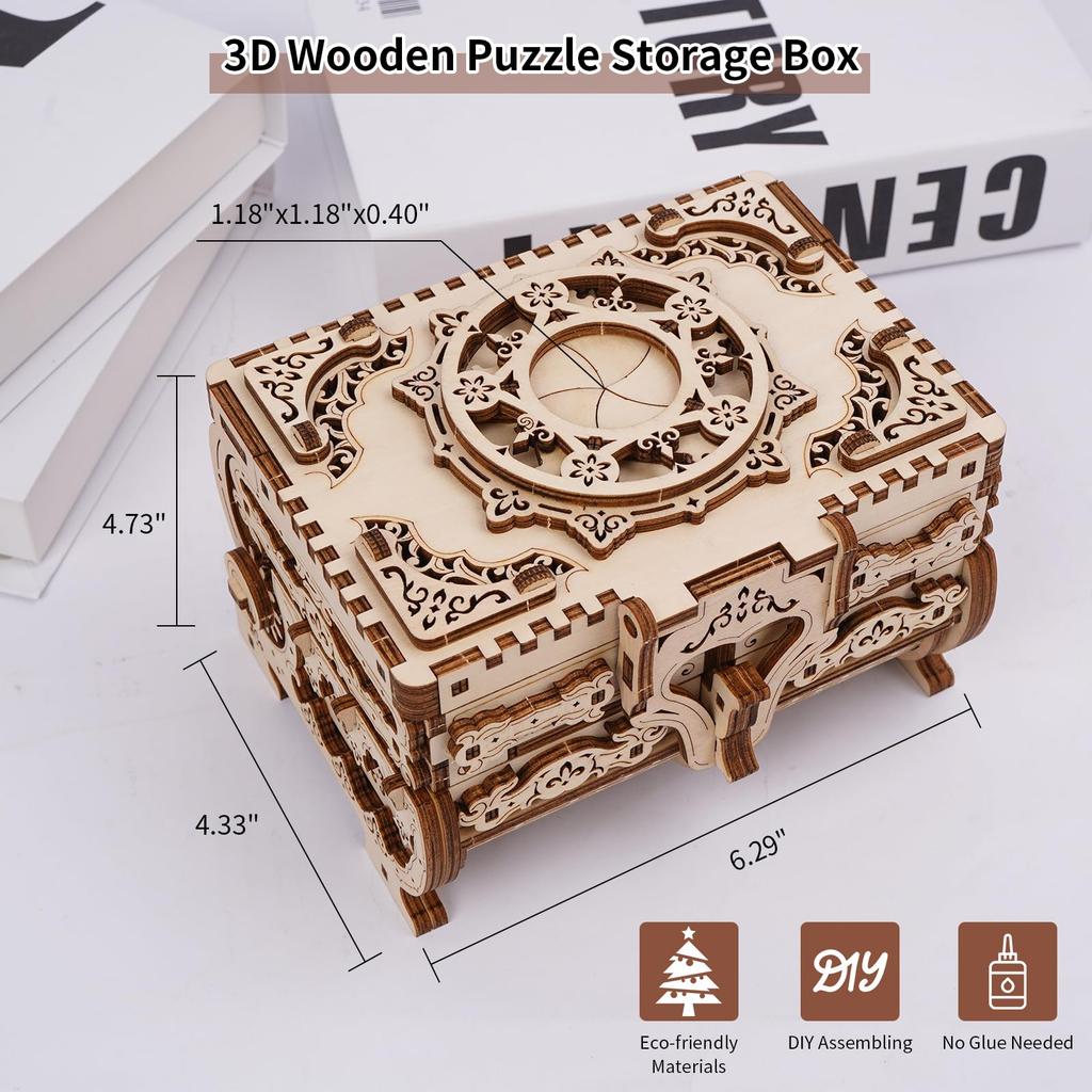 Hallisun 3D Wooden Puzzle, 7-in-1 Storage Box, Music Box, 142 Pieces, DIY Mechanical Wooden Model Kit, Jewelry Keepsake Storage Box, Adults 14+,