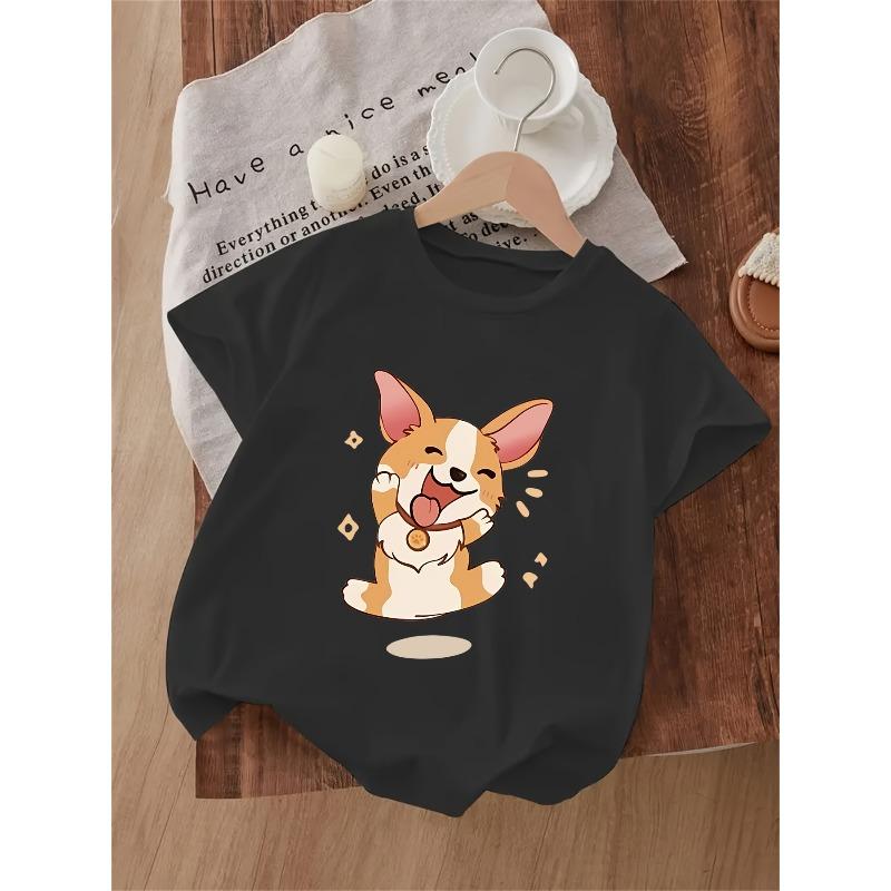 European sizes Fun Puppy Print Round Neck Comfortable Casual T-Shirt for Girls Aged 1-10, Spring/Summer Wear and Summer Gift Choice